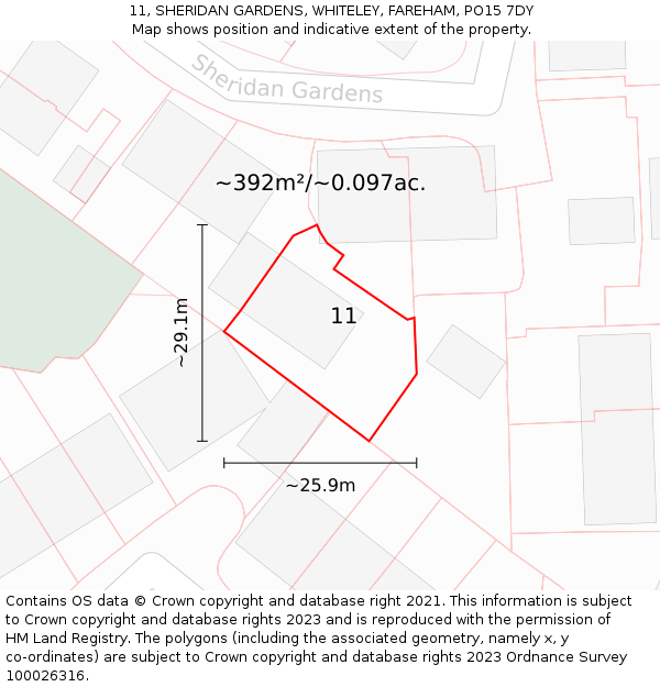 11, SHERIDAN GARDENS, WHITELEY, FAREHAM, PO15 7DY: Plot and title map