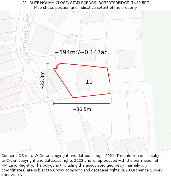 11, SHERINGHAM CLOSE, STAPLECROSS, ROBERTSBRIDGE, TN32 5PZ: Plot and title map