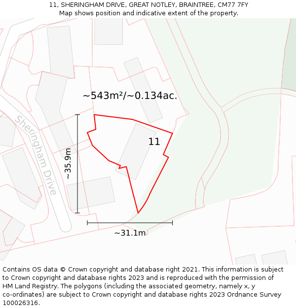 11, SHERINGHAM DRIVE, GREAT NOTLEY, BRAINTREE, CM77 7FY: Plot and title map