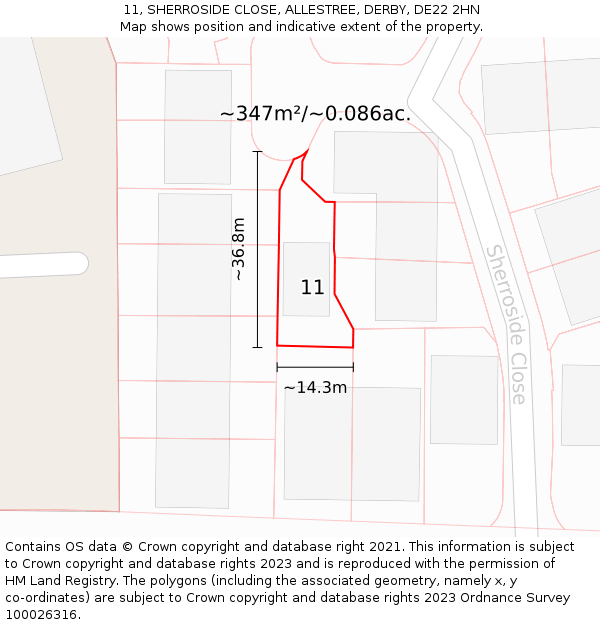 11, SHERROSIDE CLOSE, ALLESTREE, DERBY, DE22 2HN: Plot and title map