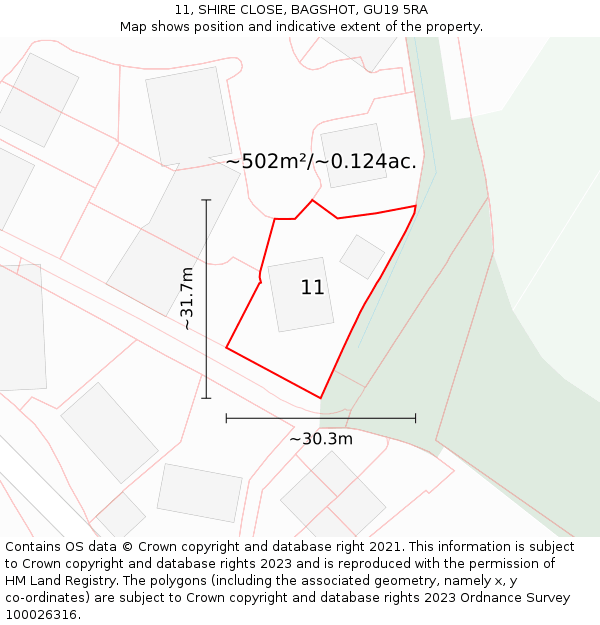 11, SHIRE CLOSE, BAGSHOT, GU19 5RA: Plot and title map