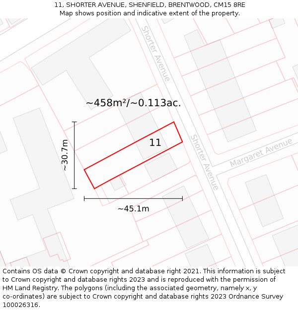 11, SHORTER AVENUE, SHENFIELD, BRENTWOOD, CM15 8RE: Plot and title map