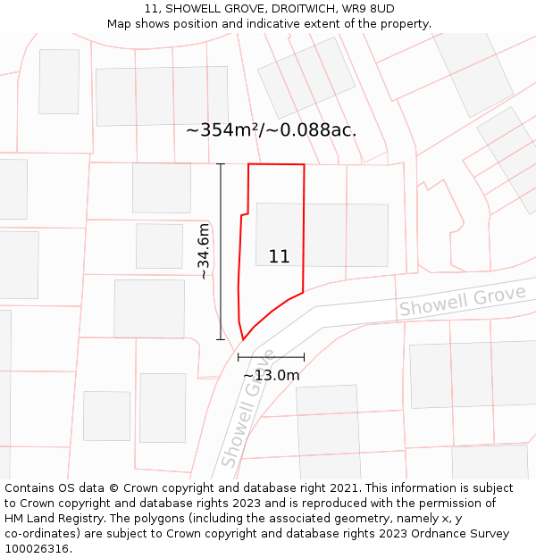 11, SHOWELL GROVE, DROITWICH, WR9 8UD: Plot and title map