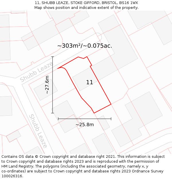 11, SHUBB LEAZE, STOKE GIFFORD, BRISTOL, BS16 1WX: Plot and title map
