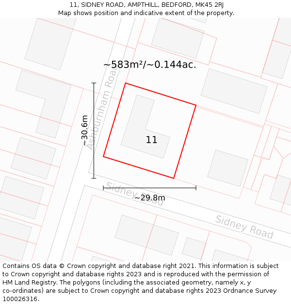 11, SIDNEY ROAD, AMPTHILL, BEDFORD, MK45 2RJ: Plot and title map