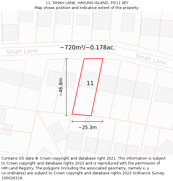 11, SINAH LANE, HAYLING ISLAND, PO11 0EY: Plot and title map