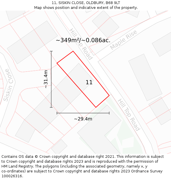 11, SISKIN CLOSE, OLDBURY, B68 9LT: Plot and title map
