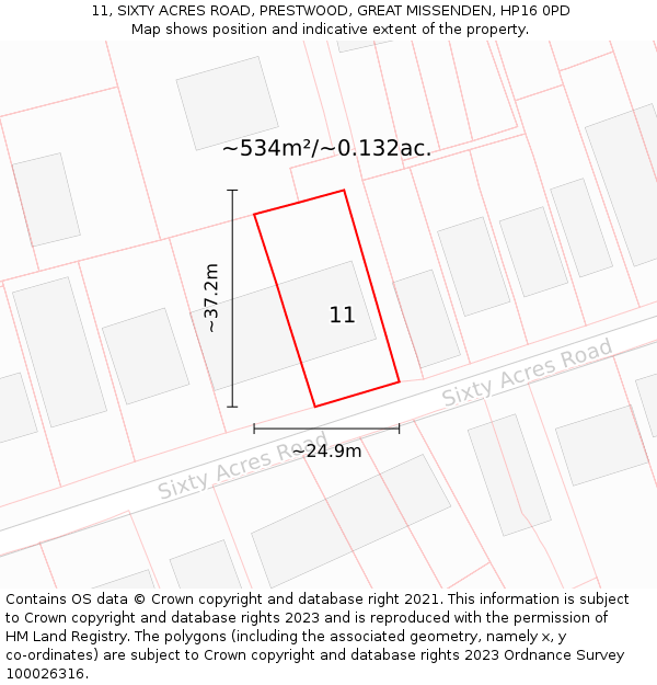 11, SIXTY ACRES ROAD, PRESTWOOD, GREAT MISSENDEN, HP16 0PD: Plot and title map