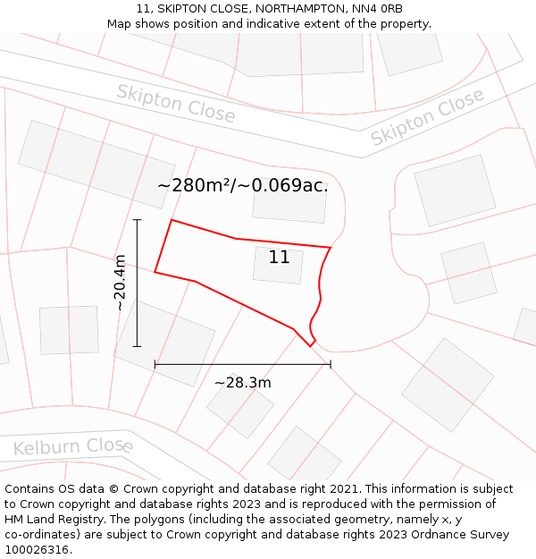 11, SKIPTON CLOSE, NORTHAMPTON, NN4 0RB: Plot and title map