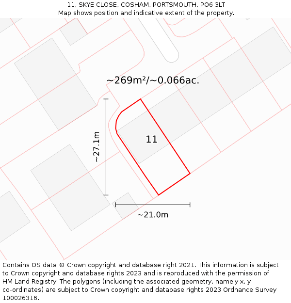 11, SKYE CLOSE, COSHAM, PORTSMOUTH, PO6 3LT: Plot and title map