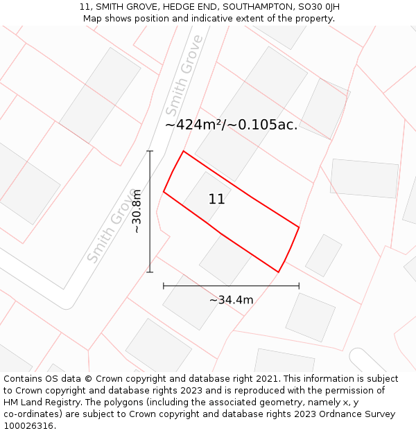 11, SMITH GROVE, HEDGE END, SOUTHAMPTON, SO30 0JH: Plot and title map