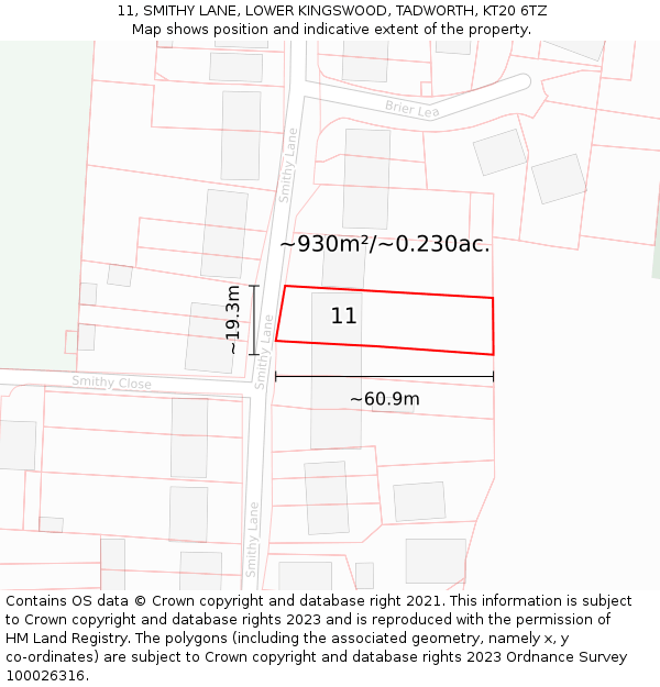 11, SMITHY LANE, LOWER KINGSWOOD, TADWORTH, KT20 6TZ: Plot and title map