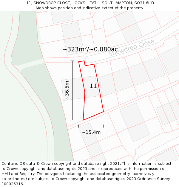 11, SNOWDROP CLOSE, LOCKS HEATH, SOUTHAMPTON, SO31 6HB: Plot and title map