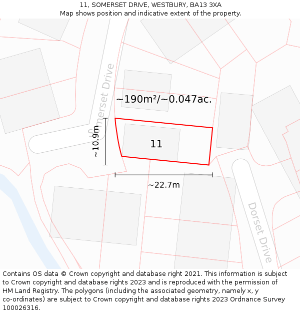 11, SOMERSET DRIVE, WESTBURY, BA13 3XA: Plot and title map