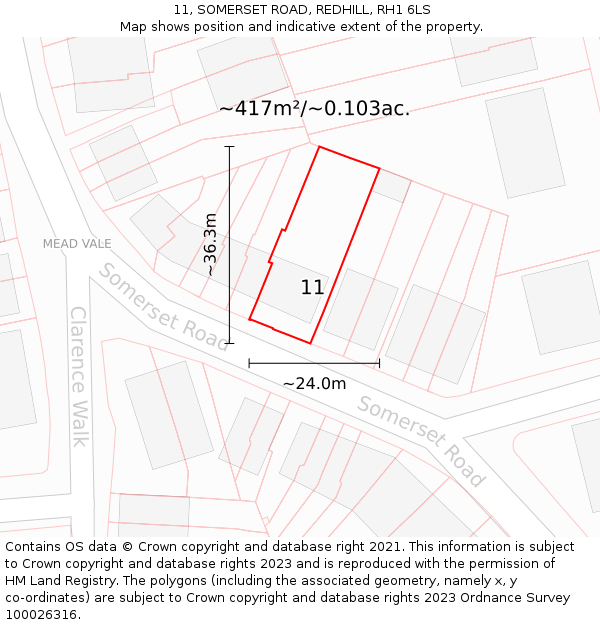 11, SOMERSET ROAD, REDHILL, RH1 6LS: Plot and title map