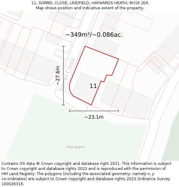 11, SORREL CLOSE, LINDFIELD, HAYWARDS HEATH, RH16 2EA: Plot and title map