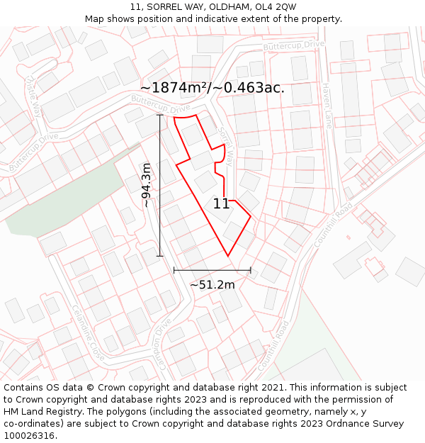 11, SORREL WAY, OLDHAM, OL4 2QW: Plot and title map