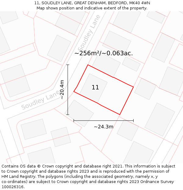 11, SOUDLEY LANE, GREAT DENHAM, BEDFORD, MK40 4WN: Plot and title map