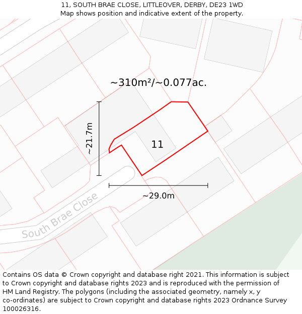 11, SOUTH BRAE CLOSE, LITTLEOVER, DERBY, DE23 1WD: Plot and title map
