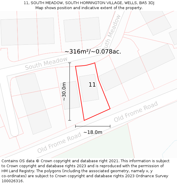 11, SOUTH MEADOW, SOUTH HORRINGTON VILLAGE, WELLS, BA5 3DJ: Plot and title map