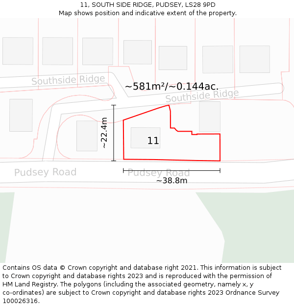 11, SOUTH SIDE RIDGE, PUDSEY, LS28 9PD: Plot and title map