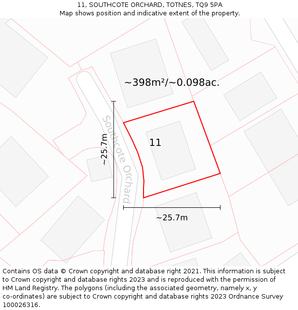 11, SOUTHCOTE ORCHARD, TOTNES, TQ9 5PA: Plot and title map