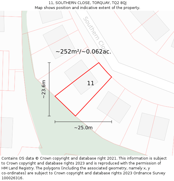 11, SOUTHERN CLOSE, TORQUAY, TQ2 8QJ: Plot and title map