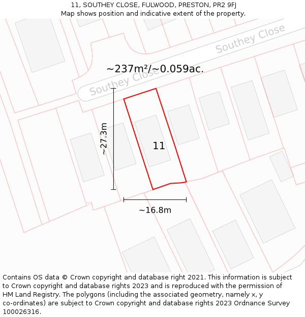 11, SOUTHEY CLOSE, FULWOOD, PRESTON, PR2 9FJ: Plot and title map