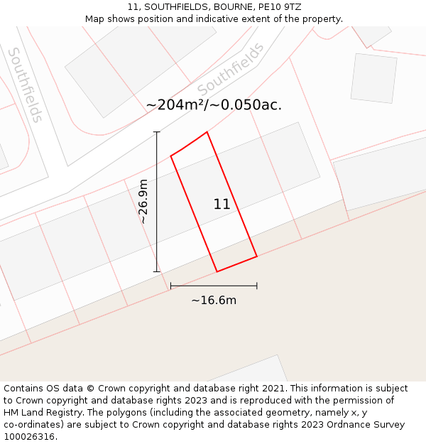 11, SOUTHFIELDS, BOURNE, PE10 9TZ: Plot and title map