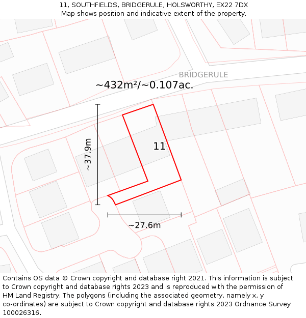 11, SOUTHFIELDS, BRIDGERULE, HOLSWORTHY, EX22 7DX: Plot and title map