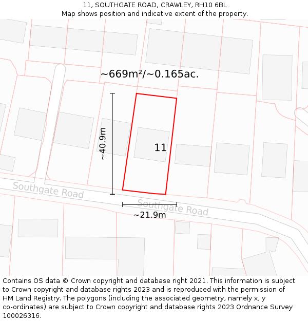 11, SOUTHGATE ROAD, CRAWLEY, RH10 6BL: Plot and title map