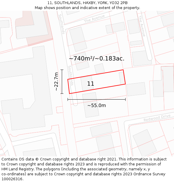 11, SOUTHLANDS, HAXBY, YORK, YO32 2PB: Plot and title map