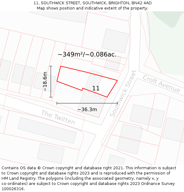 11, SOUTHWICK STREET, SOUTHWICK, BRIGHTON, BN42 4AD: Plot and title map