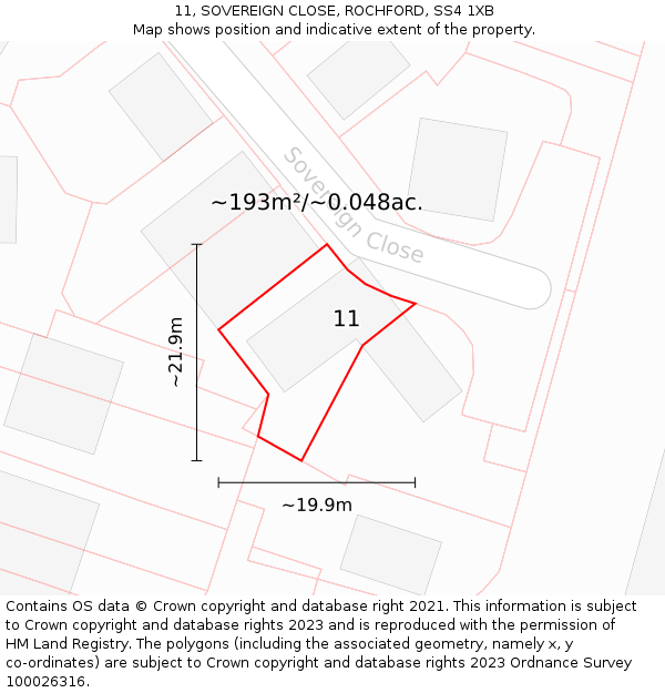 11, SOVEREIGN CLOSE, ROCHFORD, SS4 1XB: Plot and title map