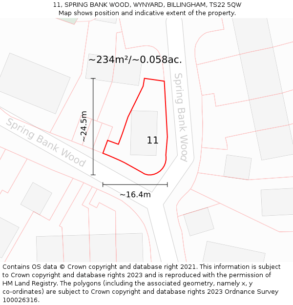 11, SPRING BANK WOOD, WYNYARD, BILLINGHAM, TS22 5QW: Plot and title map