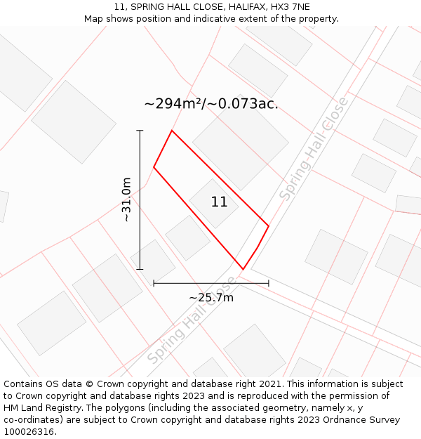 11, SPRING HALL CLOSE, HALIFAX, HX3 7NE: Plot and title map