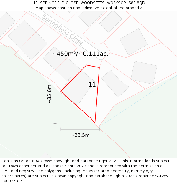 11, SPRINGFIELD CLOSE, WOODSETTS, WORKSOP, S81 8QD: Plot and title map