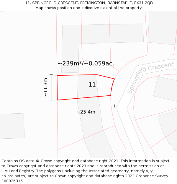 11, SPRINGFIELD CRESCENT, FREMINGTON, BARNSTAPLE, EX31 2QB: Plot and title map