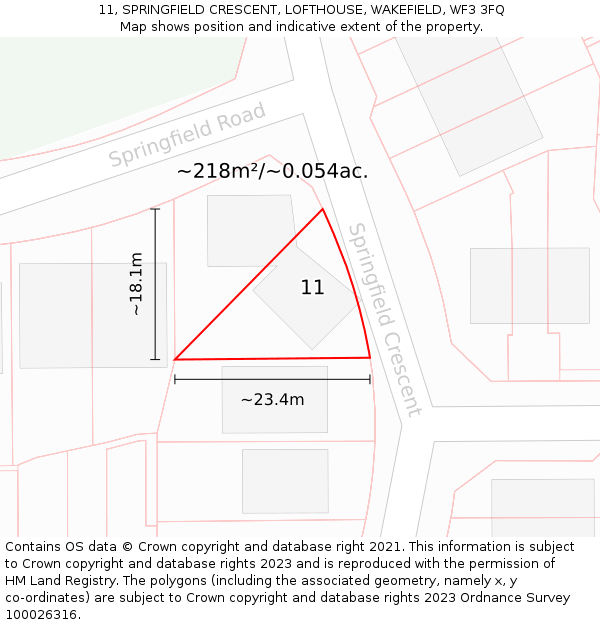 11, SPRINGFIELD CRESCENT, LOFTHOUSE, WAKEFIELD, WF3 3FQ: Plot and title map