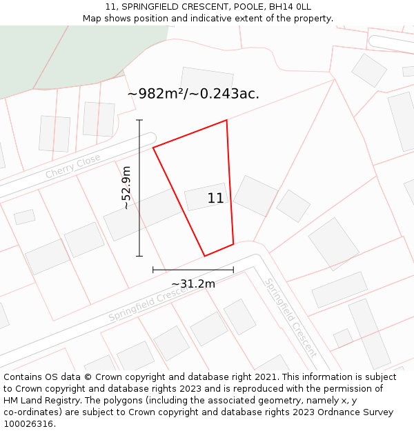 11, SPRINGFIELD CRESCENT, POOLE, BH14 0LL: Plot and title map