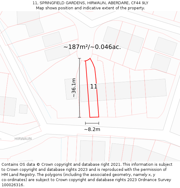 11, SPRINGFIELD GARDENS, HIRWAUN, ABERDARE, CF44 9LY: Plot and title map