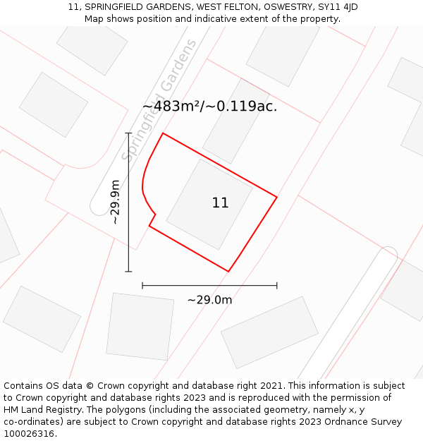 11, SPRINGFIELD GARDENS, WEST FELTON, OSWESTRY, SY11 4JD: Plot and title map