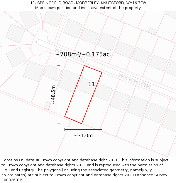 11, SPRINGFIELD ROAD, MOBBERLEY, KNUTSFORD, WA16 7EW: Plot and title map