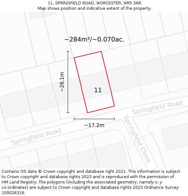 11, SPRINGFIELD ROAD, WORCESTER, WR5 3AR: Plot and title map