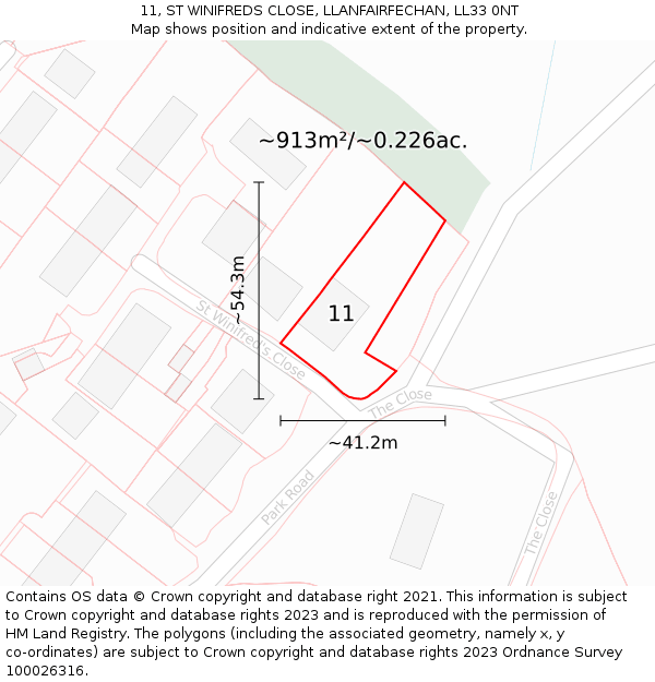 11, ST WINIFREDS CLOSE, LLANFAIRFECHAN, LL33 0NT: Plot and title map