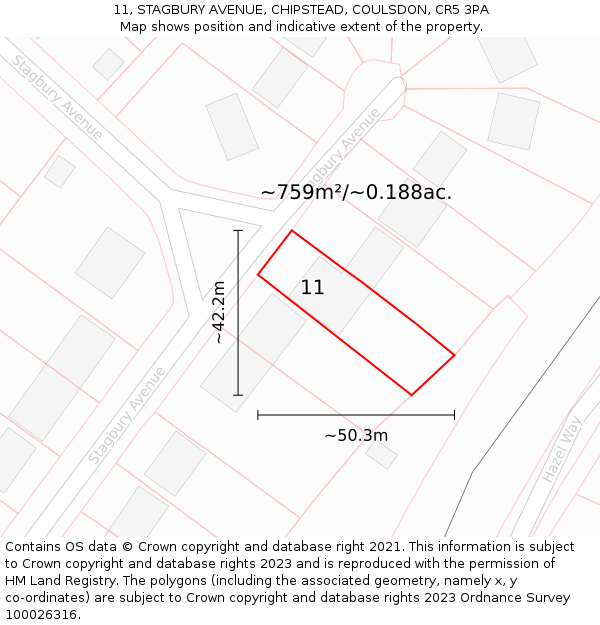 11, STAGBURY AVENUE, CHIPSTEAD, COULSDON, CR5 3PA: Plot and title map