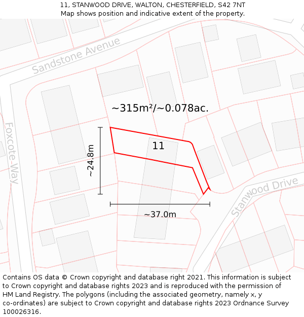 11, STANWOOD DRIVE, WALTON, CHESTERFIELD, S42 7NT: Plot and title map