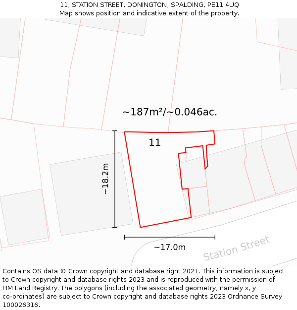 11, STATION STREET, DONINGTON, SPALDING, PE11 4UQ: Plot and title map