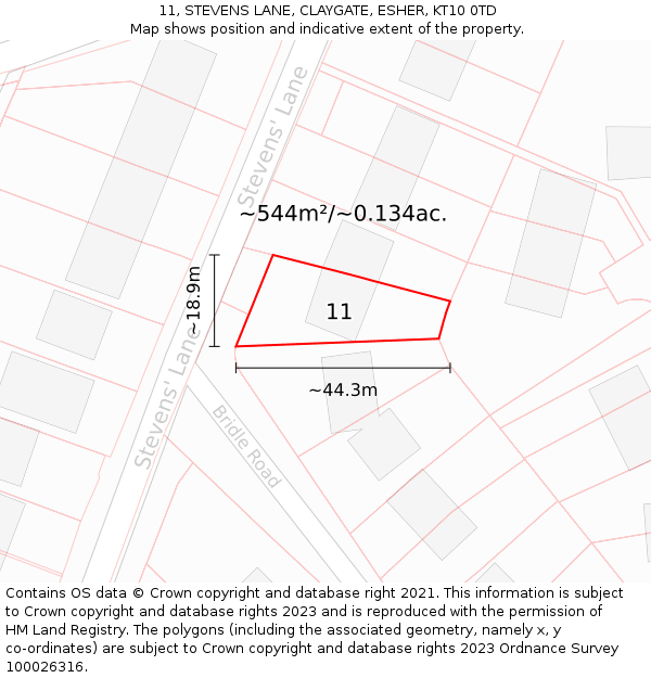 11, STEVENS LANE, CLAYGATE, ESHER, KT10 0TD: Plot and title map