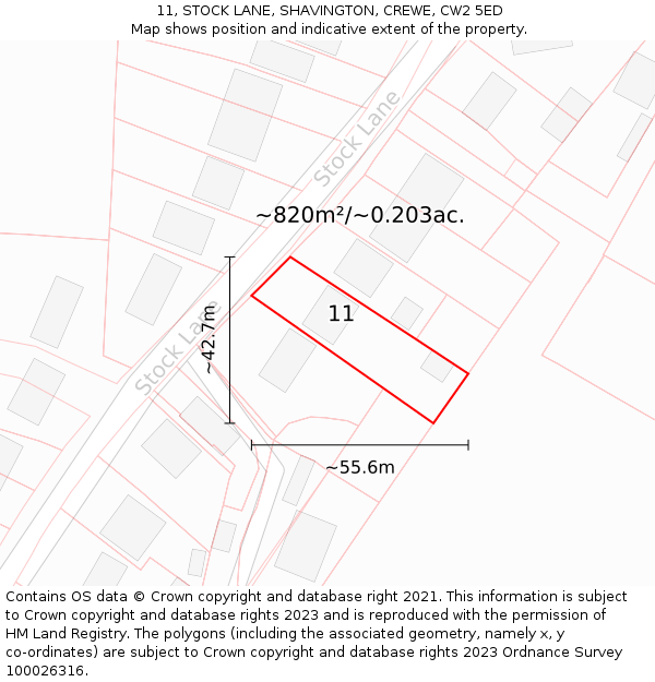 11, STOCK LANE, SHAVINGTON, CREWE, CW2 5ED: Plot and title map